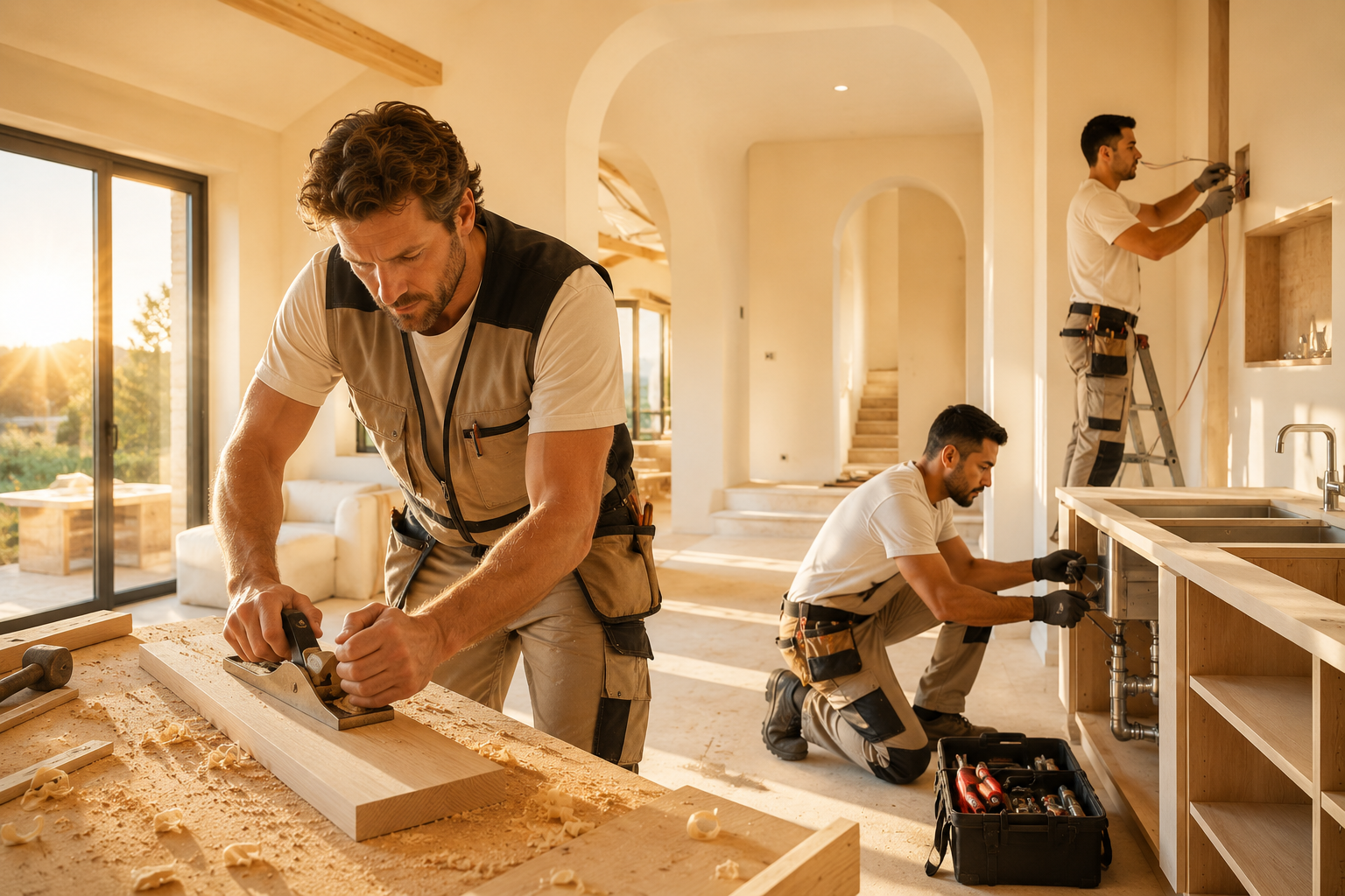 Artisans au travail sur un chantier lumineux : menuisier, plombier et électricien